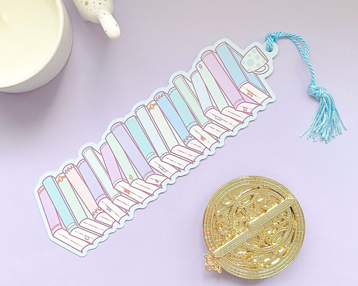 Woolf Stack of Books Reading Tracker Bookmark With Blue Tassel