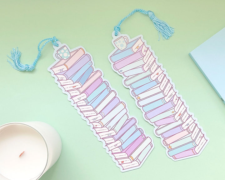 Woolf Stack of Books Reading Tracker Bookmark With Blue Tassel