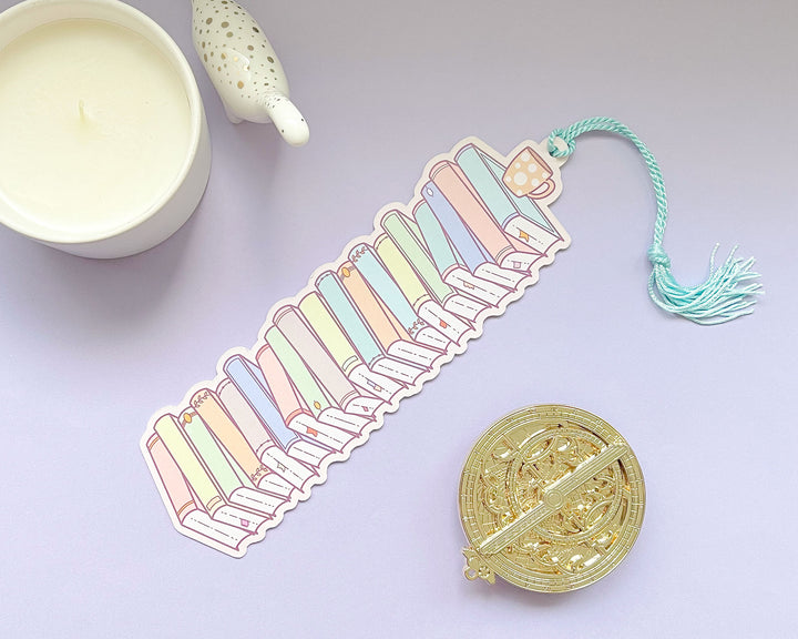 Alcott Stack of Books Reading Tracker Bookmark With Green Tassel