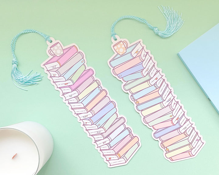 Alcott Stack of Books Reading Tracker Bookmark With Green Tassel