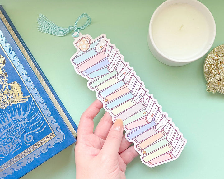 Alcott Stack of Books Reading Tracker Bookmark With Green Tassel