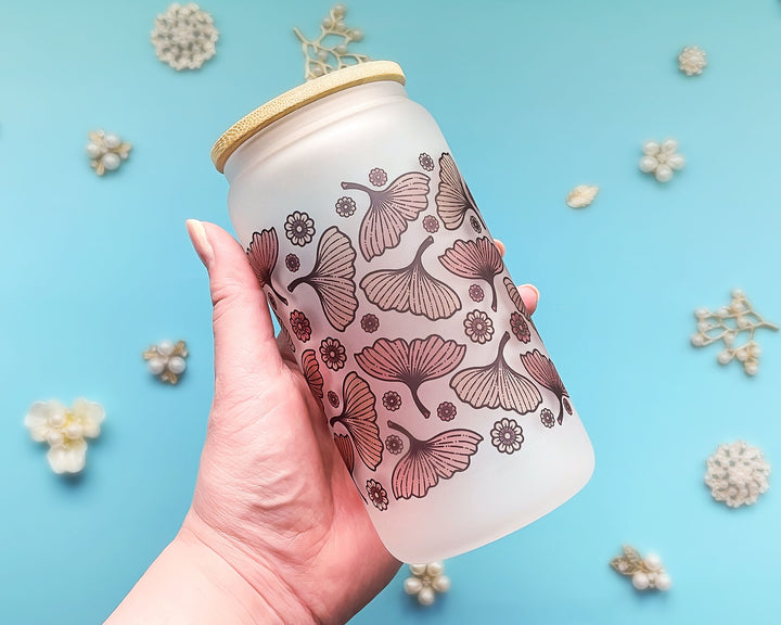 Autumn Ginkgo Leaves and Flowers Frosted Glass Tumbler