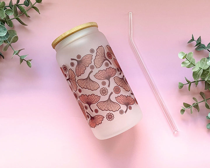 Autumn Ginkgo Leaves and Flowers Frosted Glass Tumbler