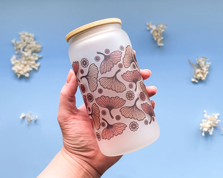 Autumn Ginkgo Leaves and Flowers Frosted Glass Tumbler