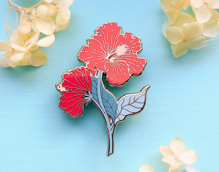 Red Hibiscus (Hibiscus × rosa-sinensis) Enamel Pin