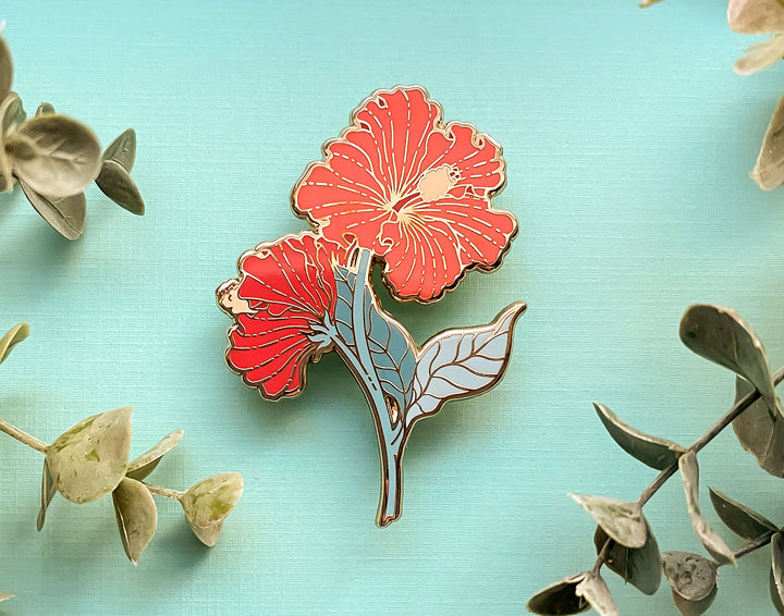 Red Hibiscus (Hibiscus × rosa-sinensis) Enamel Pin