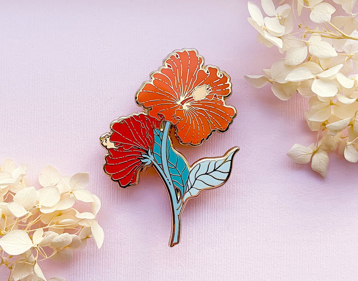 Red Hibiscus (Hibiscus × rosa-sinensis) Enamel Pin