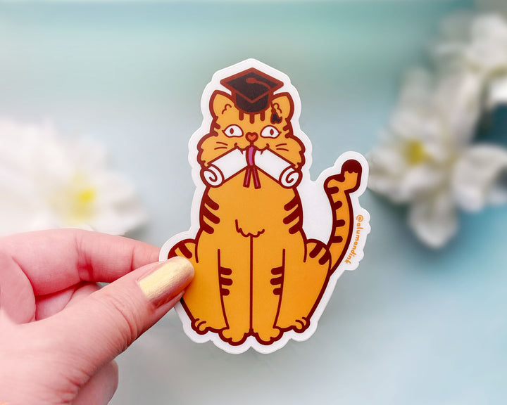 Orange Cat Graduation Day Clear Vinyl Sticker