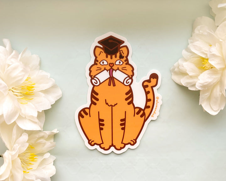 Orange Cat Graduation Day Clear Vinyl Sticker