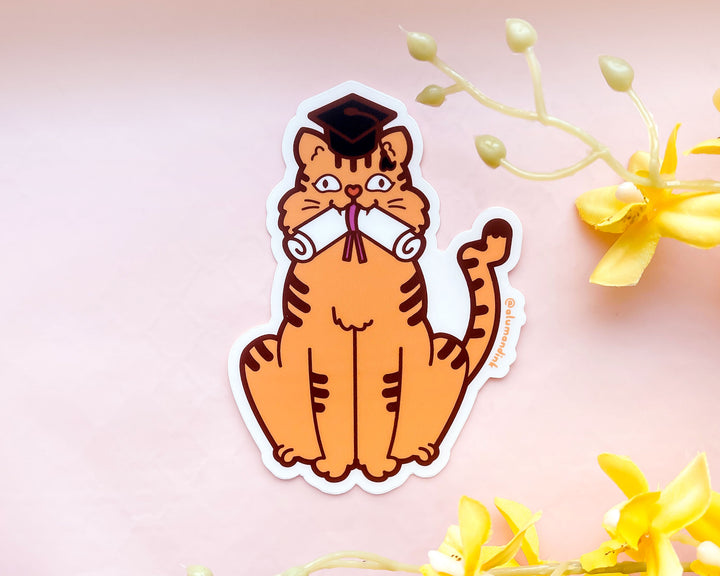 Orange Cat Graduation Day Clear Vinyl Sticker