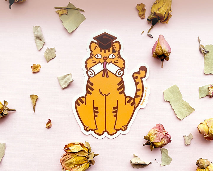Orange Cat Graduation Day Clear Vinyl Sticker