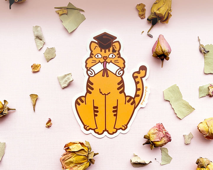 Orange Cat Graduation Day Clear Vinyl Sticker