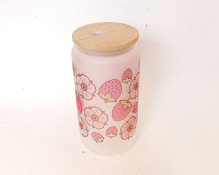 Strawberries and Flowers Frosted Glass Tumbler