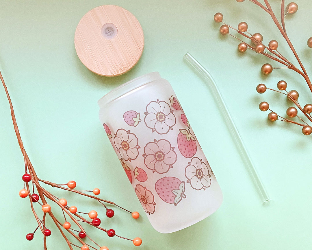 Strawberries and Flowers Frosted Glass Tumbler (Seconds)