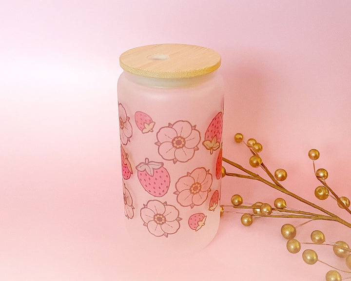 Strawberries and Flowers Frosted Glass Tumbler