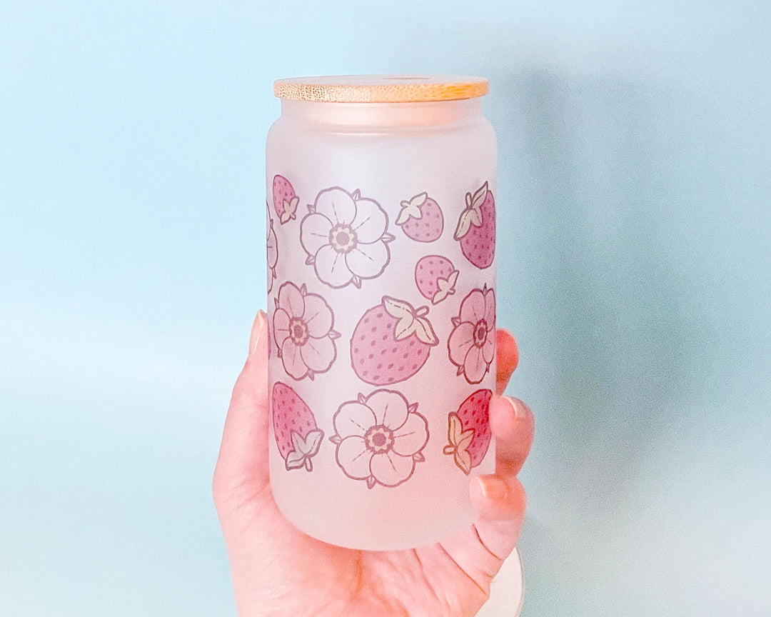Strawberries and Flowers Frosted Glass Tumbler (Seconds)