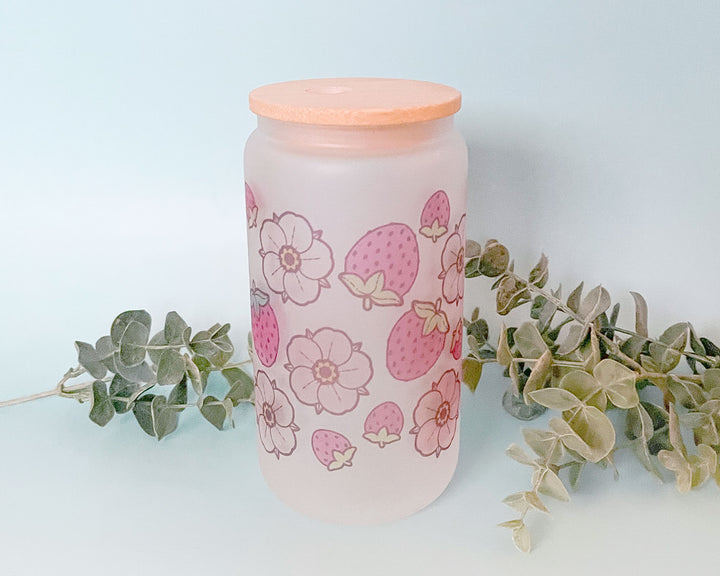 Strawberries and Flowers Frosted Glass Tumbler