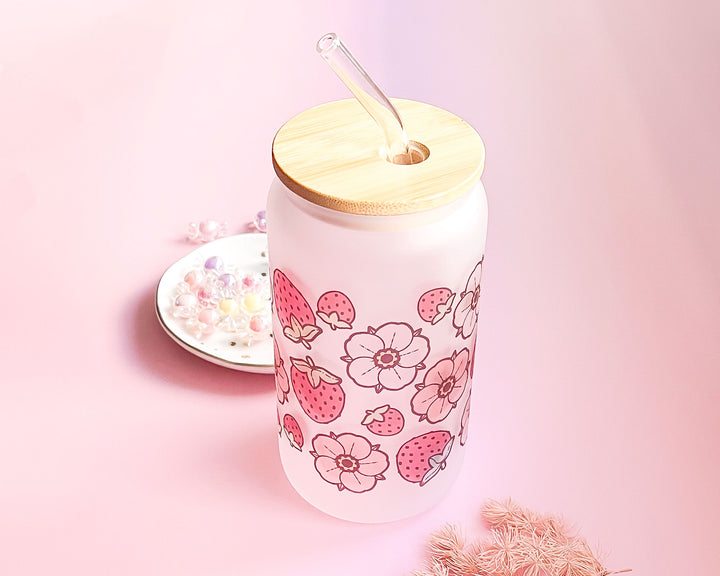 Strawberries and Flowers Frosted Glass Tumbler
