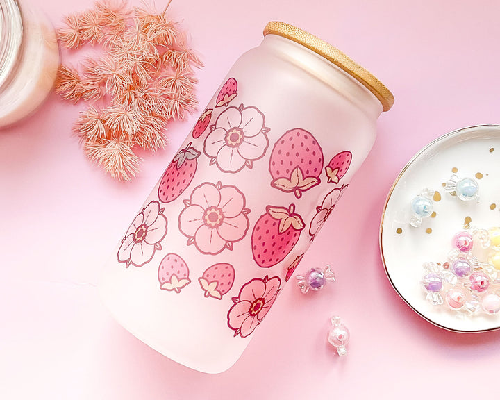 Strawberries and Flowers Frosted Glass Tumbler
