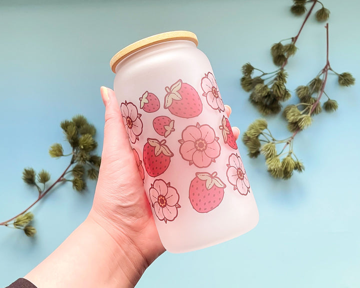 Strawberries and Flowers Frosted Glass Tumbler