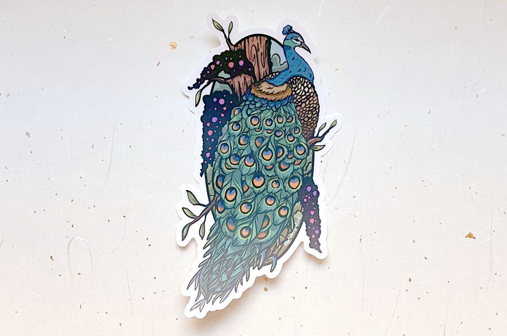 Peacock and Bushes Clear Vinyl Sticker