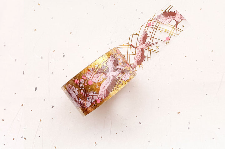 Red Crowned Cranes Gold Foil Clear PET Tape