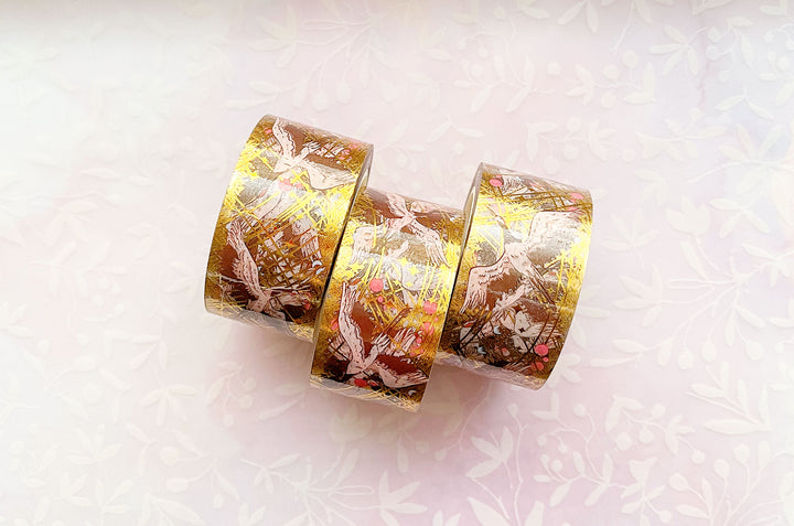 Red Crowned Cranes Gold Foil Clear PET Tape