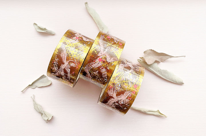 Red Crowned Cranes Gold Foil Clear PET Tape
