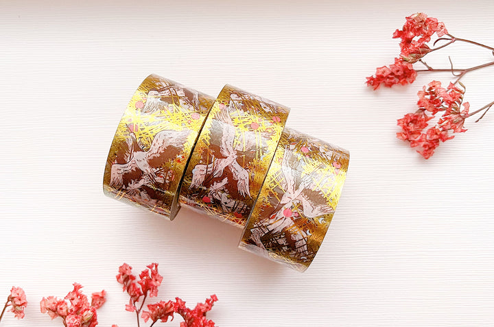 Red Crowned Cranes Gold Foil Clear PET Tape