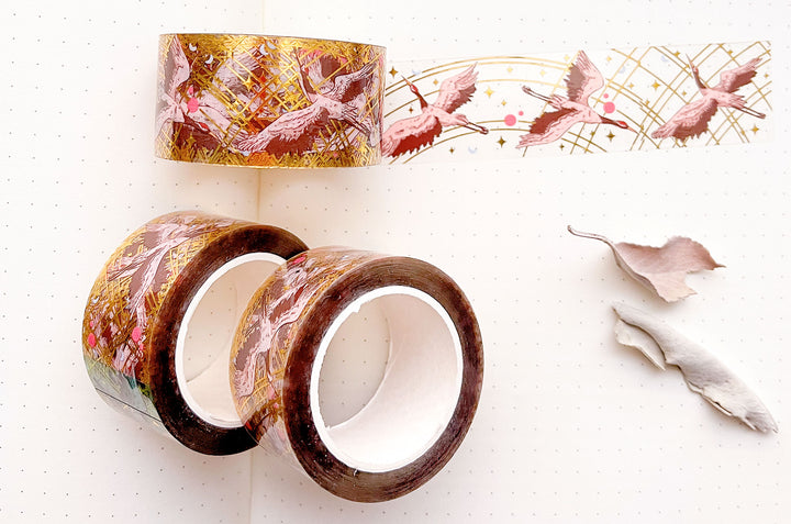 Red Crowned Cranes Gold Foil Clear PET Tape