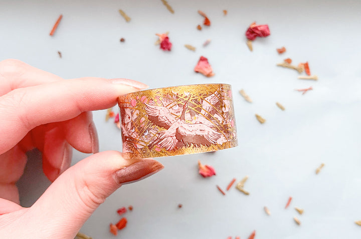 Red Crowned Cranes Gold Foil Clear PET Tape