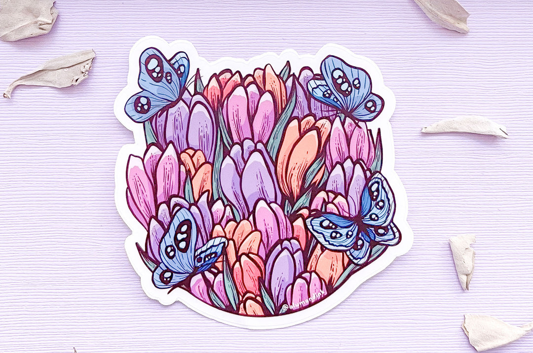 Tulips and Butterflies Clear Vinyl Sticker