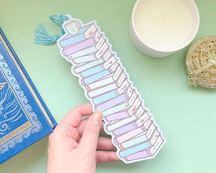Woolf Stack of Books Reading Tracker Bookmark With Blue Tassel