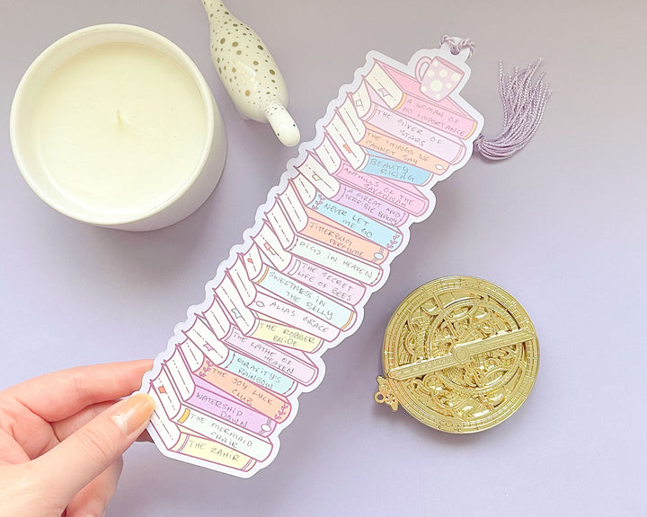 Austen Stack of Books Reading Tracker Bookmark With Pink Tassel