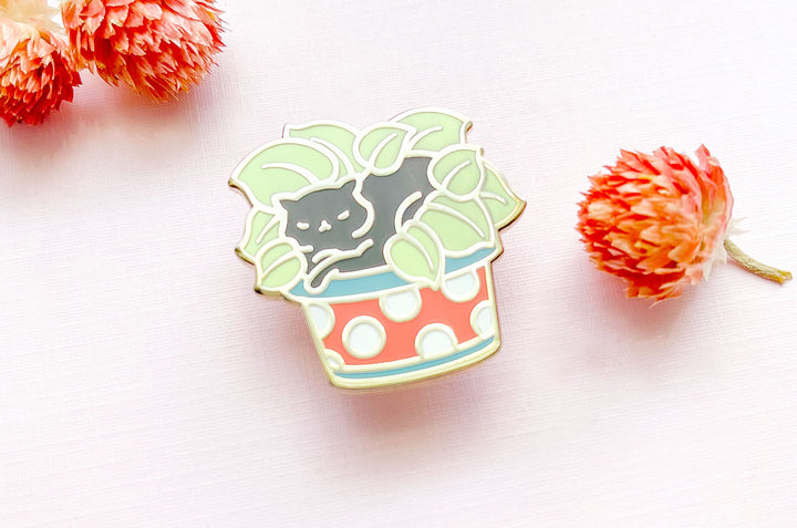 Cat Lying on Plant Enamel Pin