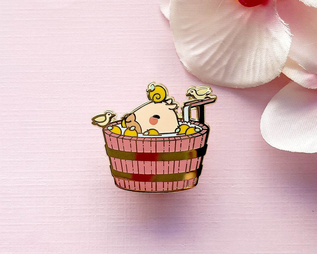 Curly the Capybara in a Bucket Spa Enamel Pin