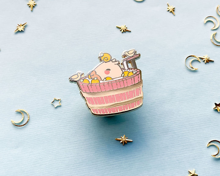 Curly the Capybara in a Bucket Spa Enamel Pin