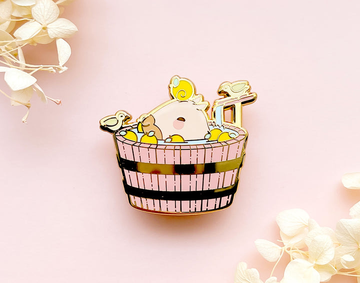 Curly the Capybara in a Bucket Spa Enamel Pin