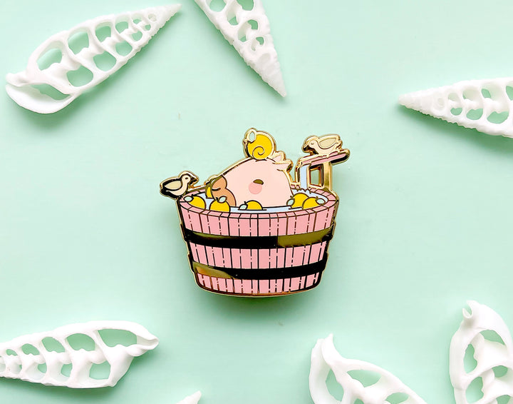 Curly the Capybara in a Bucket Spa Enamel Pin