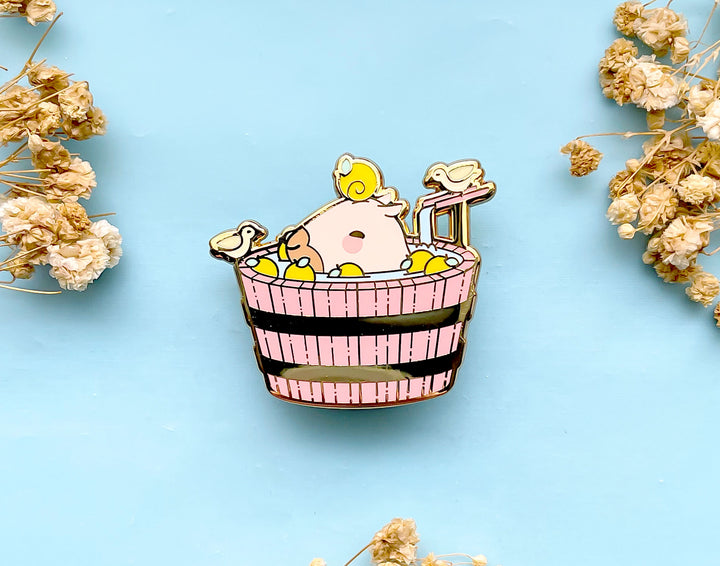 Curly the Capybara in a Bucket Spa Enamel Pin