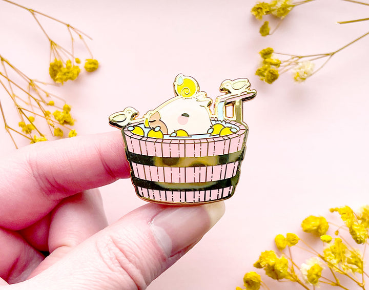 Curly the Capybara in a Bucket Spa Enamel Pin