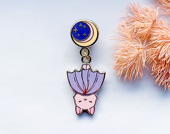 Moon Hanging Baby Bat Enamel Pin