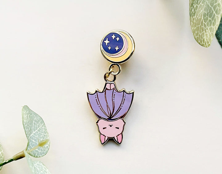 Moon Hanging Baby Bat Enamel Pin