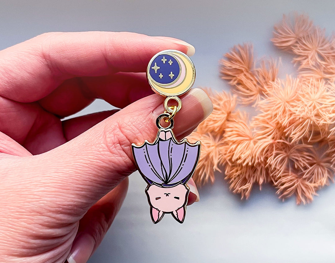 Moon Hanging Baby Bat Enamel Pin