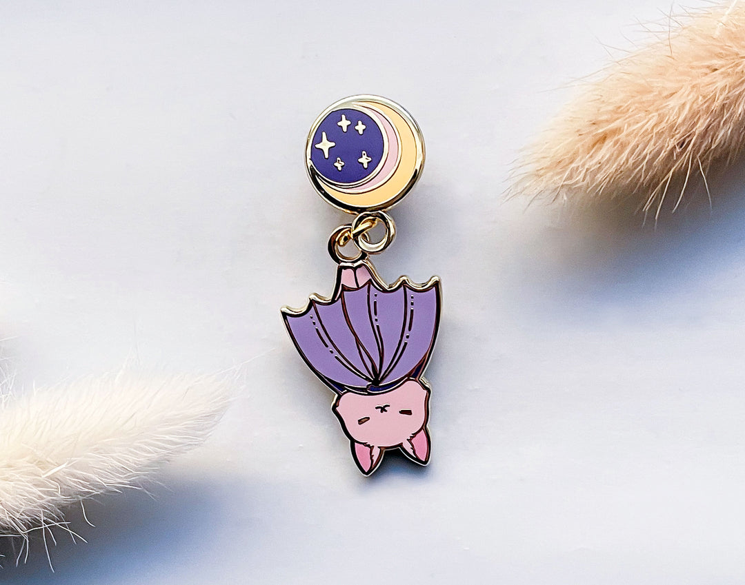 Moon Hanging Baby Bat Enamel Pin