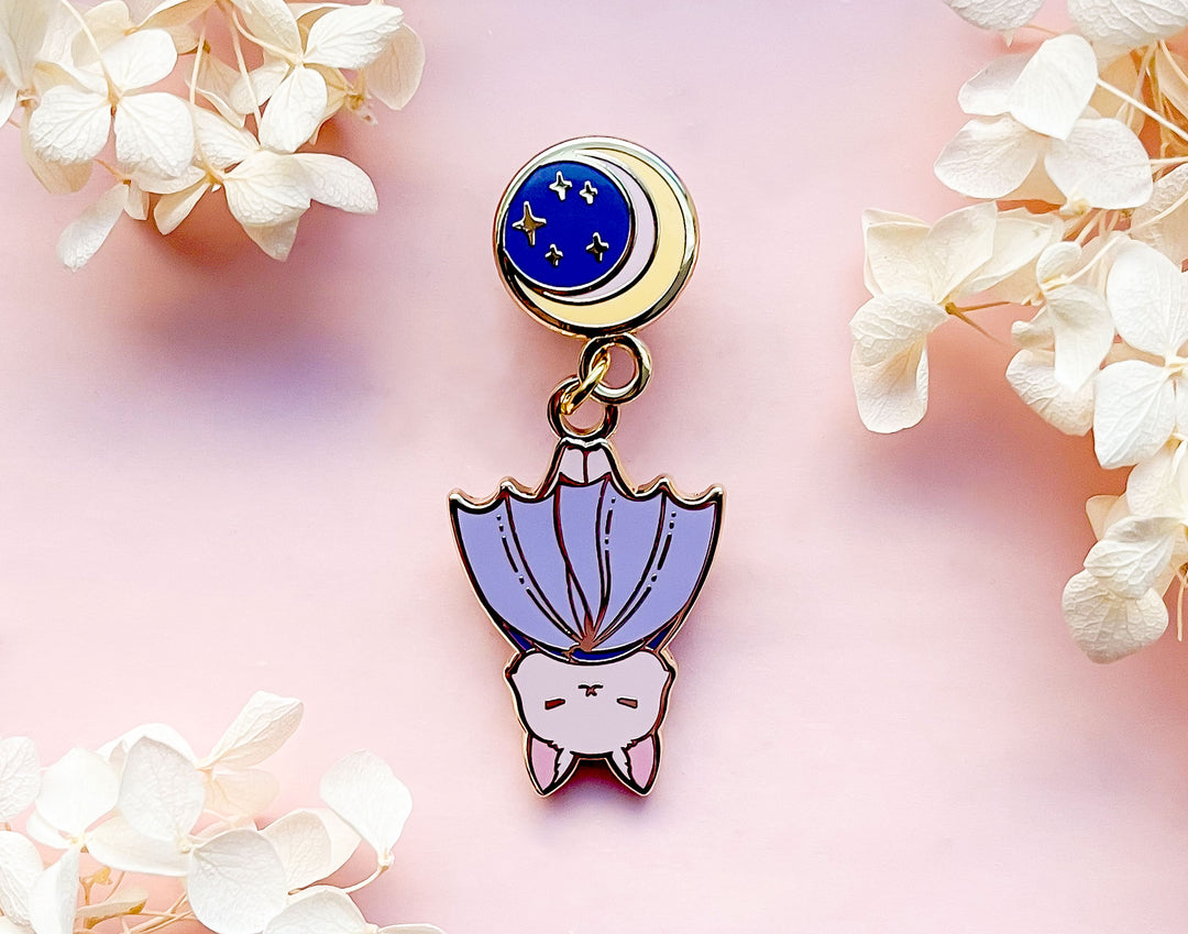 Moon Hanging Baby Bat Enamel Pin