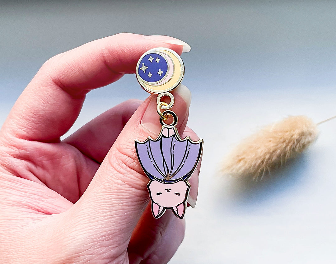 Moon Hanging Baby Bat Enamel Pin
