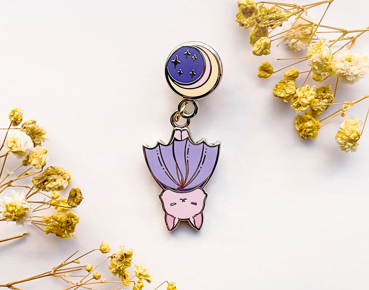 Moon Hanging Baby Bat Enamel Pin