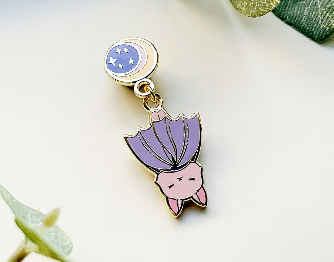 Moon Hanging Baby Bat Enamel Pin
