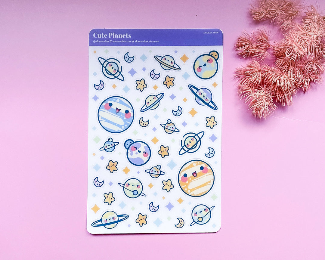 Cute Planets Clear Vinyl Sticker Sheet